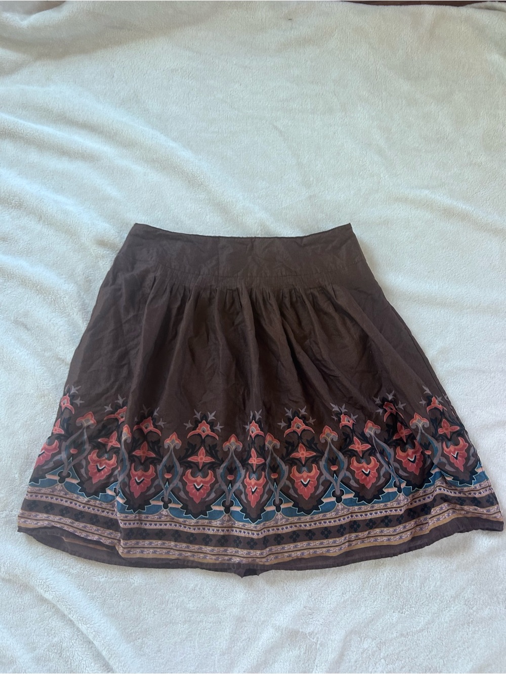 Apostrophe Brown Cotton Skirt with Pink and Blue Print